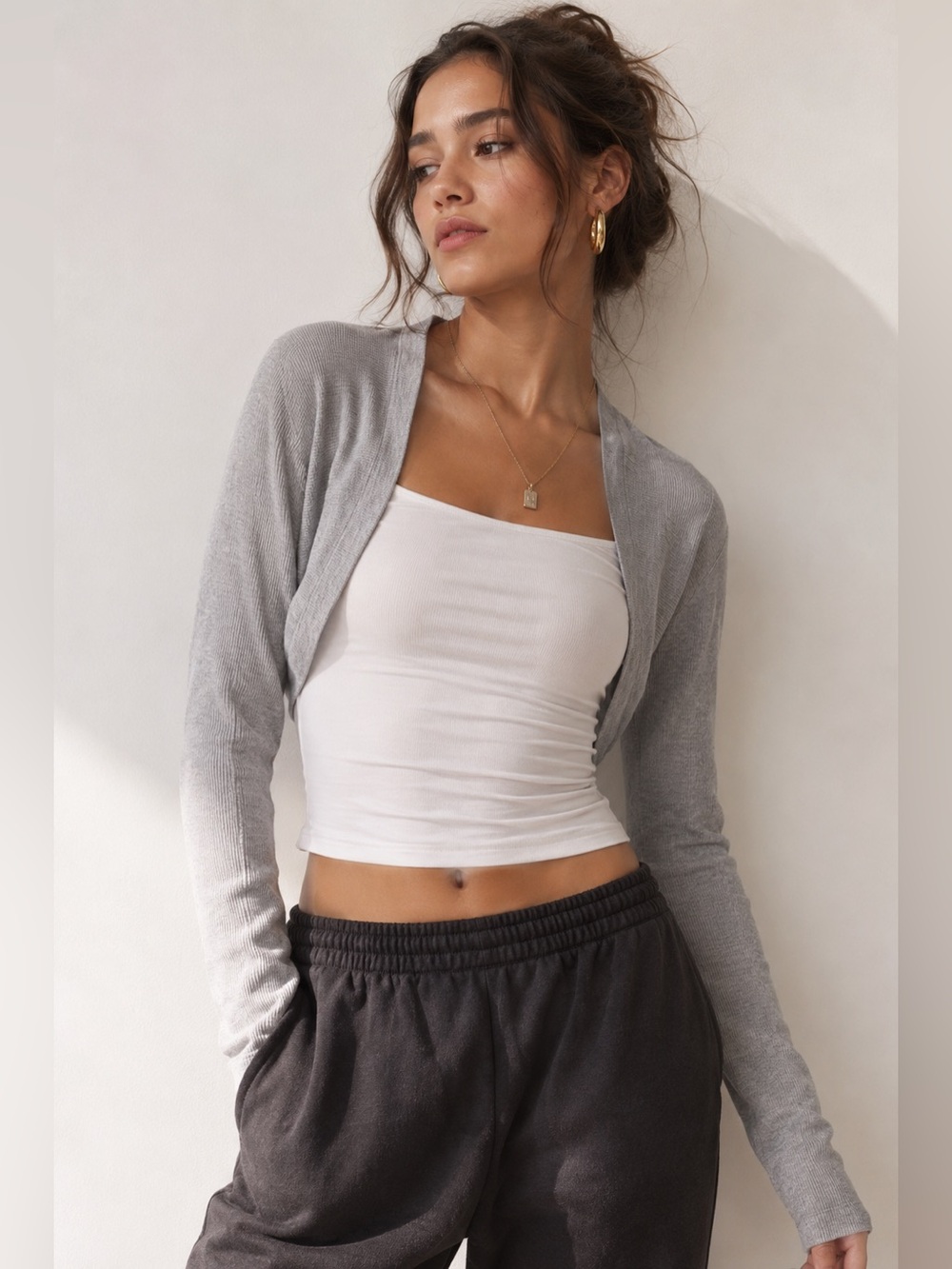 Daily Ritual Light Gray Cropped Bolero Shrug Cardigan Large Minimal Layering Top